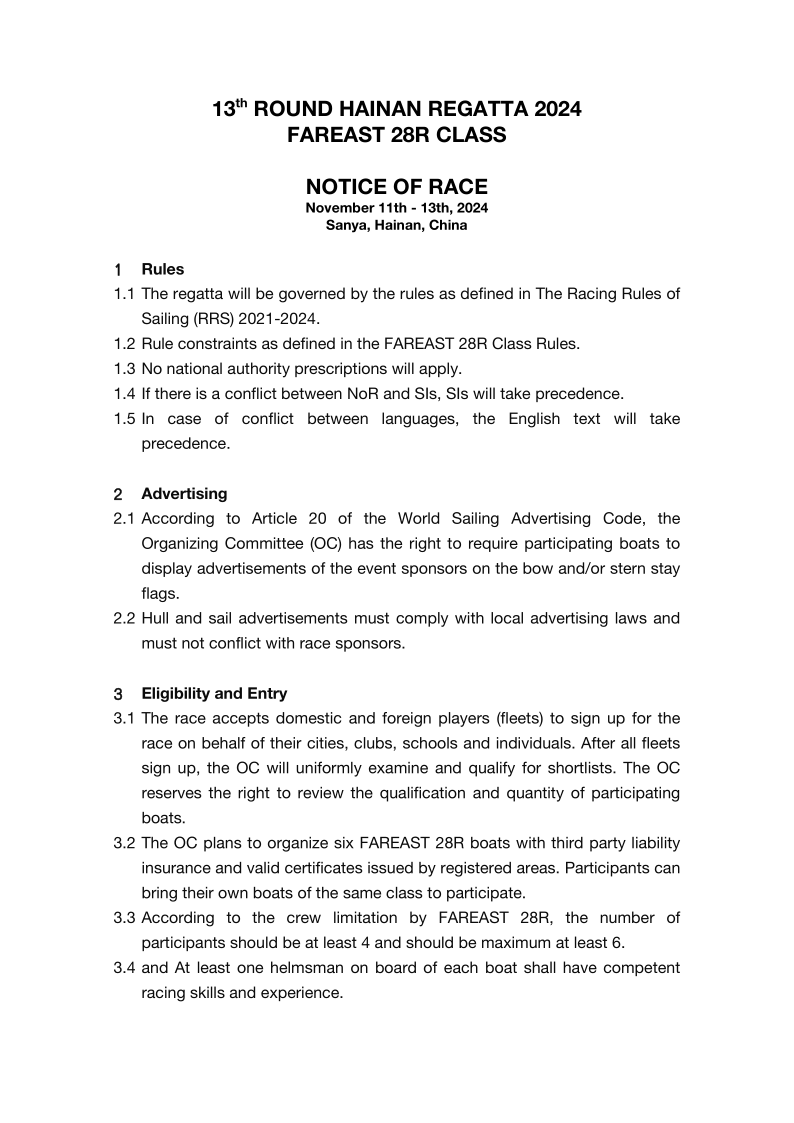 13th ROUND HAINAN REGATTA 2024 FAREAST 28R CLASS NOTICE OF RACE_1.png